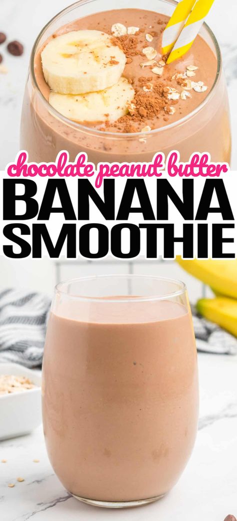 Make this deliciously simple and tummy-filling to-go Chocolate Peanut Butter Banana Smoothie your new go-to breakfast! #RealHousemoms #chocolate #peanutbutter #banana #smoothie #drink #breakfast #healthy Choc Peanut Butter Smoothie, Peanut Butter Banana Chocolate Smoothie, Banana Chocolate Smoothie, Chocolate Peanut Butter Banana Smoothie, Smoothie Without Banana, Peanut Butter Shake, Chocolate Banana Smoothie, Chocolate Peanut Butter Smoothie, Peanut Butter Banana Smoothie