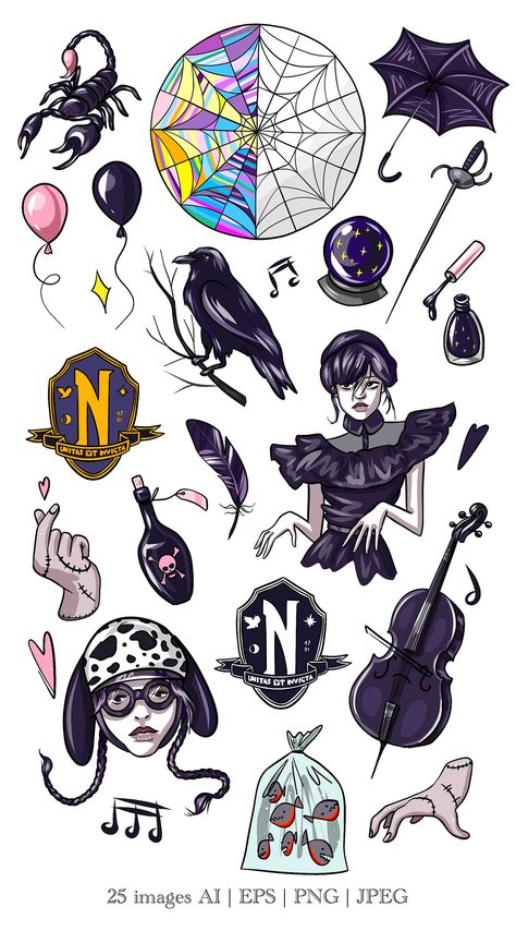 Nevermore Academy Drawing, Wednesday Tattoo Design, Wednesday Addams Clipart, Wednesday Silhouette, Wednesday Addams Stickers, Nevermore School, Wednesday Clipart, Wednesday Watercolor, Wednesday Stickers