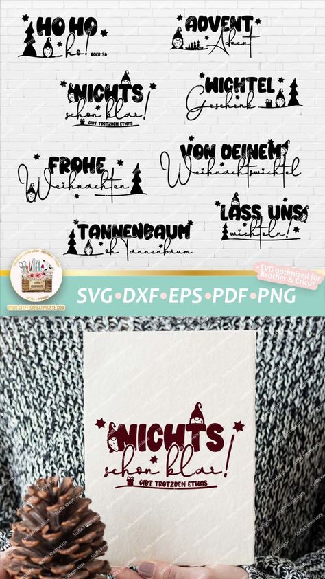 Banner mit 8 digitalen Illustrationen, als Bundle, von deutschen Sprüchen, als Schriftzug, mit niedlichem Wichtel zum Thema Weihnachten in den Dateiformaten Cricut SVG, PNG, DXF, EPS und PDF, die sich als Plotterdateien, Schnittdateien, Clipart, Digistamps und zur Sublimation eignen. Silhouette Cameo Freebies, Christmas House, All Things Christmas, Silhouette Cameo, Hand Lettering, Advent, Cricut, Christmas