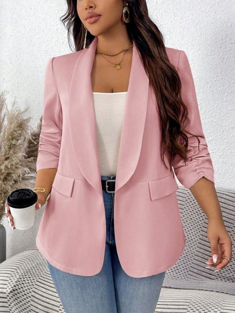 Chaqueta de traje de talla grande para mujer en color rosa, atuendo elegante para ir al trabajo y negocios Rosa Elegante  manga francesa Tela tricotada Liso Normal No-Elástico  Women Plus Clothing, size features are:Bust: ,Length: ,Sleeve Length: Blazer Rose, Pink Plus Size, Sports Jackets Women, Elegant Blazers, Plus Size Blazer, Plus Size Suits, Suit Jackets For Women, Grey Colour Suit, Elegant Attire