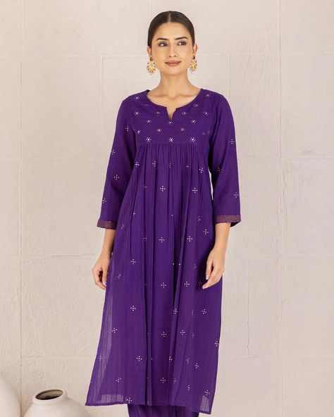 Restocked! The stunning shade of purple dobby has elements of gold mukaish work and rogan scattered all over. Perfectly tailored, it combines comfort and style in equal measure. Sizes available: S, M, L, XL, XXL, XXXL [ Cottons Jaipur, Cotton, Festive, Handmade Kurtas, Restock ] #cottons #cottonsjaipur #newarrivals #floral #summer #summer2024 #handcraftedkurtas #comfortfits #cottonsuitset #summertime #summerstaples #botanical #summerfloral #cottonkurta #embroidery #handembroidery #blockp... Mukaish Work, Shade Of Purple, Salwar Designs, Cotton Kurti Designs, Silk Dupatta, Summer Staples, Fashion Design Clothes, Kurti Designs, Shades Of Purple