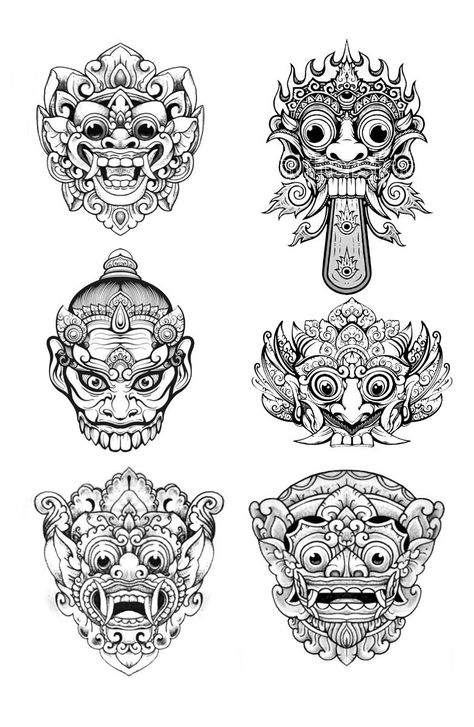 Indonesian Mask Tattoo, Thai Mask Tattoo, Indonesia Tattoo Traditional, Bali Tattoo Ideas Men, Traditional Indonesian Tattoo, Balinese Mask Tattoo, Barong Tattoo Balinese, Indonesian Tattoo Ideas, Bali Mask Tattoo