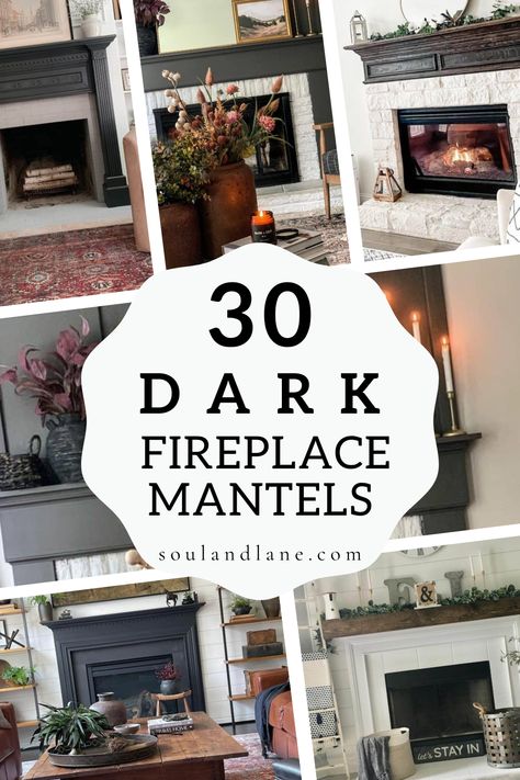 Embrace the bold beauty of dark fireplace mantels, designed to infuse your space with a statement of sophistication and drama. These mantels, with their deep shades and striking presence, become the centerpiece of any room, offering a dramatic backdrop for the dancing flames. Whether paired with minimalist decor for a modern look or ornate accessories for a more traditional vibe, dark mantels provide a versatile foundation for your decorating style. Ideal for those looking to add an element of g Black Fireplace Mantel Paint, Moody Mantle, Moody Living Room With Fireplace, Moody Fireplace Wall, Dark Fireplace Mantle, Dark Fireplace Wall, Black Fireplace Mantel, Dark Fireplace, Black Fireplace Surround