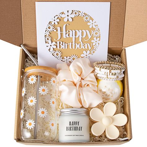 PRICES MAY VARY. What's In The Box: This thoughtfully curated gift set includes a 16oz retro flowers coffee glass cup with a bamboo lid and straw, a HAPPY BIRTHDAY candle, a bath bomb, a flower hair clip, a silk scrunchie, a set of clay beaded bracelets, a paper cut happy birthday card, and a cute box package with paper filling. Happy Birthday Gift Box: Delight your mother, friend, significant other, teen girl, daughter, wife, or girlfriend with this beautifully curated birthday gift box. Unlike Christmas Gift Box For Girlfriend, Good Birthday Gifts, Daisy Aesthetic, Starbucks Orders, Glowforge Ideas, Aesthetic Glass, Cup Gift Set, Birthday Basket, Friends Cute