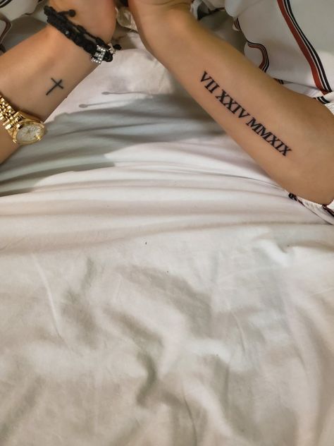 Tattoos For Family, Arm Tattoos For Guys Forearm, Wrist Tattoos Girls, Tattoos 2024, Outer Forearm Tattoo, Roman Numeral Tattoo, Girl Thigh Tattoos, Wrist Tattoo Ideas, Roman Numeral Tattoos