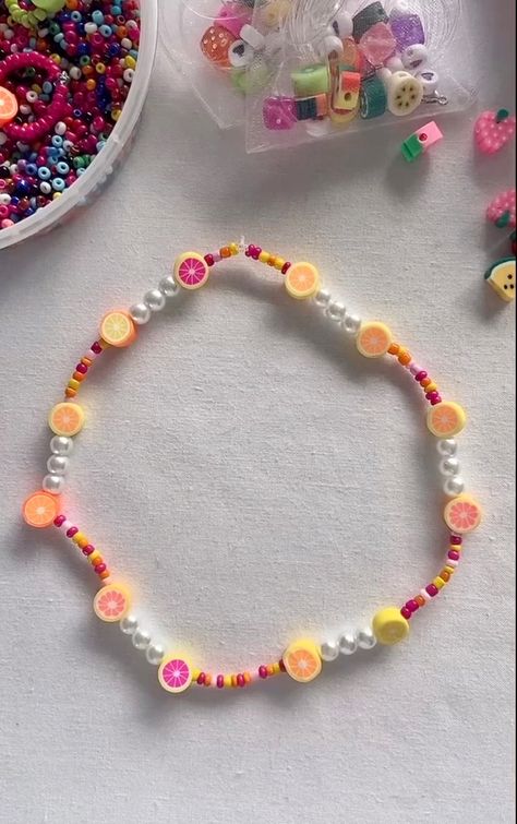 Necklaces Ideas Beads, Fruit Accessories, Fruit Beads, Summer Orange Necklace With Colorful Beads, Cute Orange Beaded Jewelry, Cute Orange Jewelry With Colorful Beads, Orange Beaded Necklace, Pink Beaded Necklace, Fruit Beads Jewelry