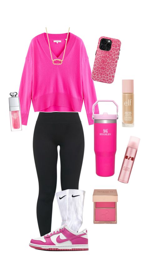 outfit inspo, preppy outfit, pink outfit, hot pink, comfy outfit, nike dunks outfit, kendra scott, makeup, iphone, trendy outfit, basic outfit, stanley, door lip oil, blush Outfit For Pink Dunks, Pink Low Dunks Outfit, Cute Outfits With Pink Dunks, Outfit Ideas With Pink Dunks, Door Lip Oil, Hot Pink Uggs Outfit, Pink Nike Dunks Outfit, Hot Pink Converse Outfit, Pink Dunks Outfit