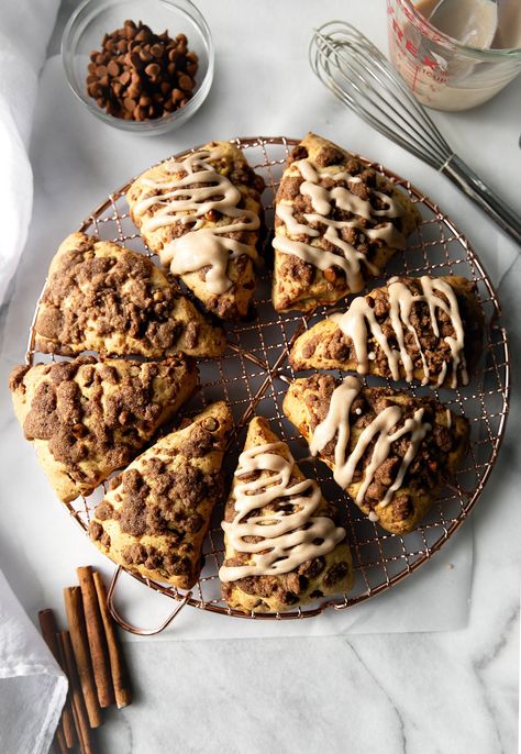 Cinnamon Streusel Scones - Food and Flair Cinnamon Scones, Cinnamon Streusel, Unique Breakfasts, Breakfast Sweets, Cinnamon Chips, Tea Biscuits, Cinnamon Almonds, Sweet Rolls, Crumble Topping