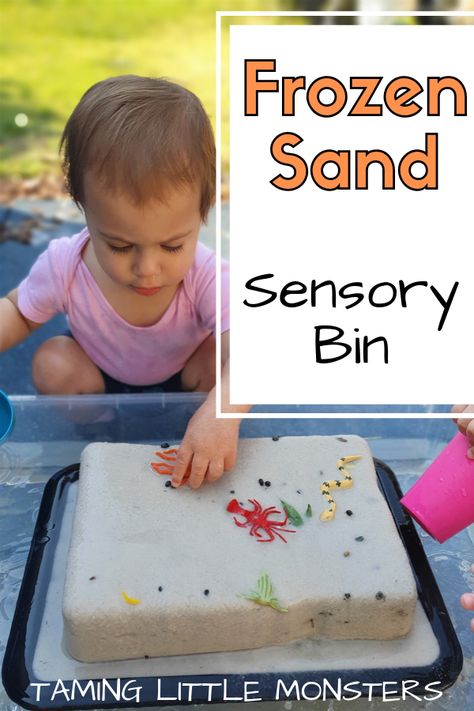 Have you ever tried hiding toys inside frozen sand? This easy sensory activity is perfect for summer. The kids will love melting the sand with water in this fun and easy play idea for babies, toddlers, and preschoolers.  #sensory #summer #babies #toddlers #preschoolers Sand Sensory Bin, Baby Room Activities, Summer Sensory, Science Homeschool, Sensory Tubs, Sensory Activities For Kids, Baby Montessori, Infant Room, Sensory Play Ideas