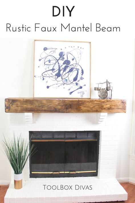 DIY Faux wood beam fireplace mantel. floating shelves style mantel. This farmhouse style decor is an aged vintage reclaimed look. Easy step by step tutorial and video. @Toolboxdivas #Farmhouse #Farmhousestyle #Home decor Living room family room via @Tool Farmhouse Style Fireplace, Diy Mantel, Style Fireplace, Fireplace Mantel Shelf, Faux Wood Beams, Faux Beams, Traditional Interior Design, Diy Fireplace, Estantes Flotantes