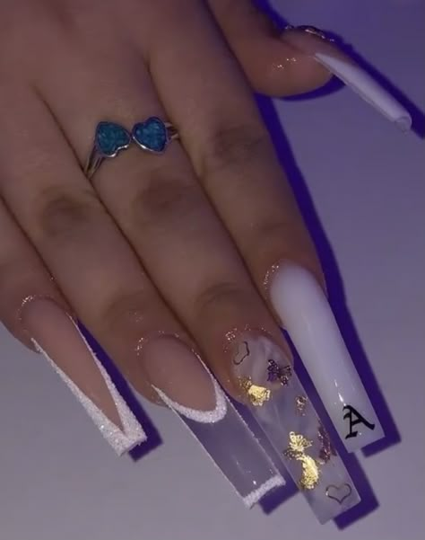 Butterfly Nails Clear, Long Acrylic Nails Simple Design, Birthday Acrylic Nails Long, Cute Baddie Nails, Birthday Nail Ideas Acrylic, Square Acrylic Nails Long, Baddie Acrylic Nails, Nails Long Acrylic, Acrylic Nails Long