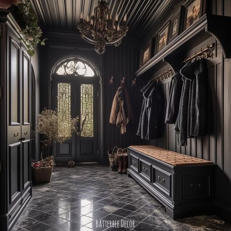 Modern Victorian Mudroom, Dark Traditional Interior, Goth Townhouse, Gothic House Living Room, Light Gothic Living Room, Dark Moody House Aesthetic, Goth Mudroom, Victorian Goth Interior Design, Gothic Scandinavian Interior