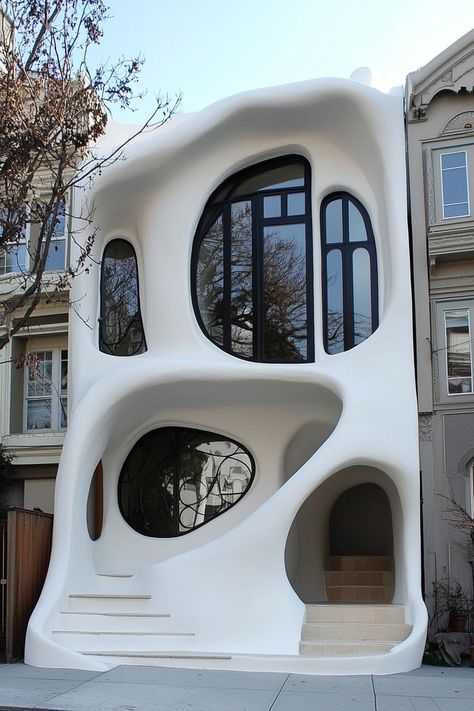 Weird Architecture Unusual Homes, Infill House, Corner Balcony, The Godfather Wallpaper, Spite House, Balcony Designs, Extraordinary Homes, Earthship Home, House Facade