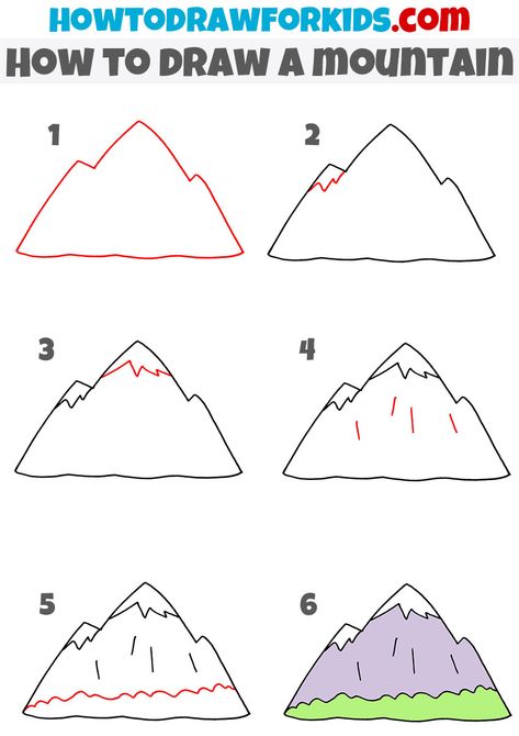 How To Draw Mountains Step By Step, How To Draw A Mountain, Mountain Drawing Simple, Draw A Mountain, How To Draw Mountains, Directed Drawing Kindergarten, Landscape Drawing Tutorial, Third Grade Art, Cartoon Style Drawing