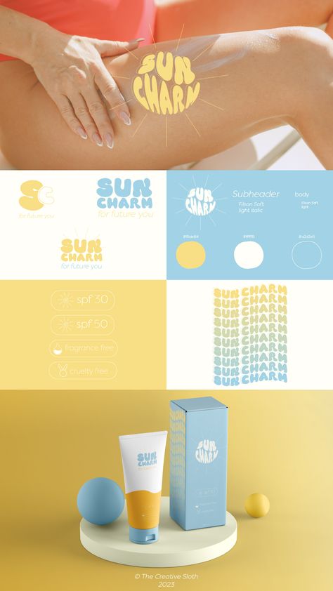 Brand board for Sun Charm, a sunscreen brand that radiates beauty and protection. As a brand designer, I specialize in transforming businesses into unforgettable brands. Discover more of my work and get inspired on Instagram. Let's collaborate to create a brand that leaves a lasting impression. Contact me today to elevate your business with an unforgettable brand identity. Sunscreen Branding Design, Sun Branding Design, Sunscreen Branding, Pool Branding, Bra Packaging, Sunscreen Packaging Design, Sunscreen Aesthetic, Summer Branding, Aesthetic Packaging