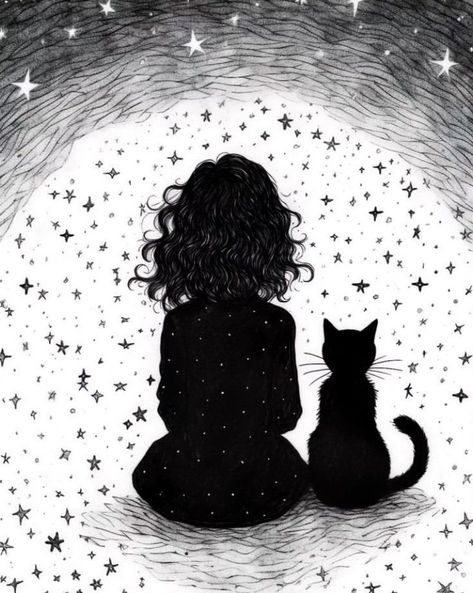 Cat Silhouette Drawing, Gato Angel, Silhouette Drawing, Cat Silhouette, Angel, Stars