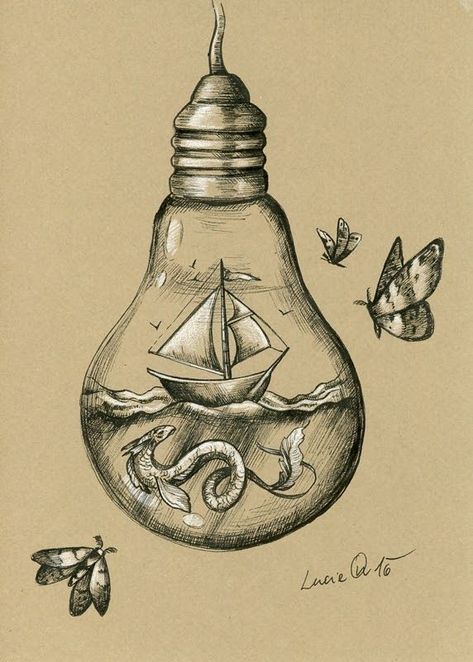 Hidden Worlds. A Glimpse of Fairyland Animals in Drawings. By Lucie Ondruskova. Light Bulb Art, 심플한 그림, Artsy Ideas, Desenho Tattoo, Pencil Art Drawings, Cool Art Drawings, Drawing Tips, A Drawing, Tattoo Sketches