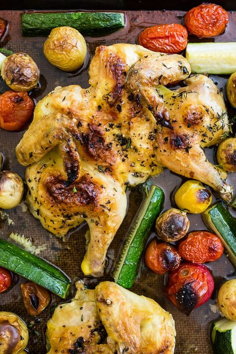 Sheet Pan Spatchcocked Cornish Hens with Summer Vegetables | Nutmeg Nanny Yankee Recipes, Healthy Sheet Pan Dinners, Healthy Sheet Pan, Cornish Hen Recipe, Easy Dinners For Two, Cornish Game Hen, Dinner Favorites, Night Recipes, Game Hen