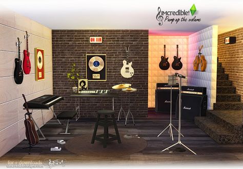 Sims 4 CC's - The Best: Pump Up The Volume Music Room Set by SIMcredible! Casa Rock, Volume Music, Pump Up The Volume, Sims 4 Blog, Sims 4 Studio, Sims 4 Bedroom, Music Studio Room, The Sims 4 Packs, Sims 4 House Design