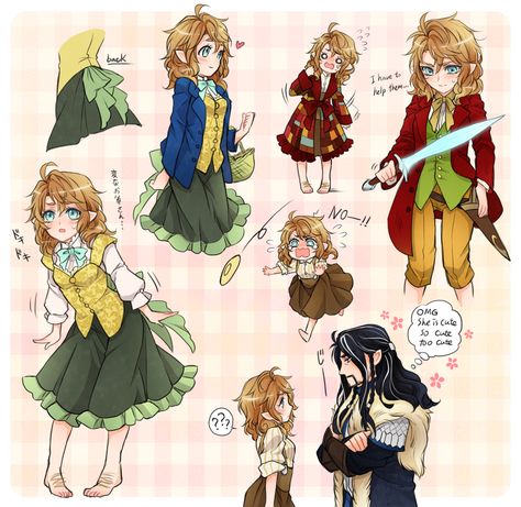 The Hobbit - some Thorin x Bilbo (moe genderbend) fan art (for someone who was asking about it ages ago) Tolkien Art, Rule 63, Rp Ideas, Lotr Art, Bilbo Baggins, Thranduil, Jrr Tolkien, Inspirational Artwork, Legolas