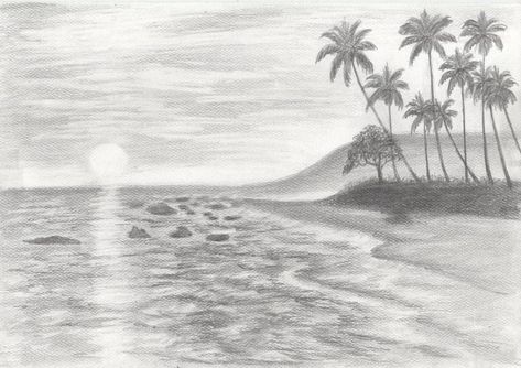 Beach Sunset Images, Sunrise Drawing, Water Sketch, Drawing Beach, Beach Sketches, Drawing Sunset, Sunset Illustration, Ocean Drawing, Landscape Pencil Drawings