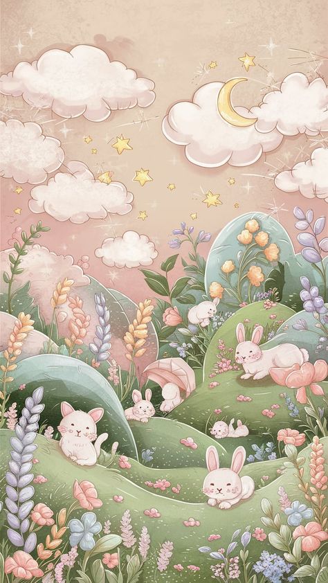 Immerse yourself in a cozy pastel paradise with this dreamy wallpaper featuring fluffy clouds, rolling hills, and a charming meadow filled with wildflowers. Adorable cartoon bunnies and kittens frolic amidst pink, lavender, and baby blue blooms, under a twinkling starry sky and crescent moon. Perfect for adding a touch of nostalgia and warmth, this aesthetic wallpaper brings joy and comfort to any space. #CuteWallpapers #Aesthetic #PastelArt #VintageTexture Aesthetic Baby Pink Wallpaper, Pastel Cute Background, Cute Pastel Wallpaper Aesthetic, Baby Aesthetic Wallpaper, Wallpaper Cute Pastel, Dreamscape Wallpaper, Unique Phone Wallpaper, Pastel Wallpaper Aesthetic, Pink And Blue Aesthetic