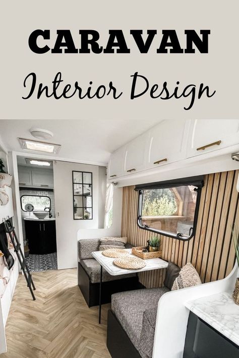 Dining area in a small, renovated caravan with text above that reads: Caravan interior design. Caravan Interior Ideas, Caravan Interior Design, Caravan Bunk Beds, Caravan Bunks, Caravan Interior Makeover, Bold Bathroom, Caravan Makeover, Caravan Renovation, Caravan Interior