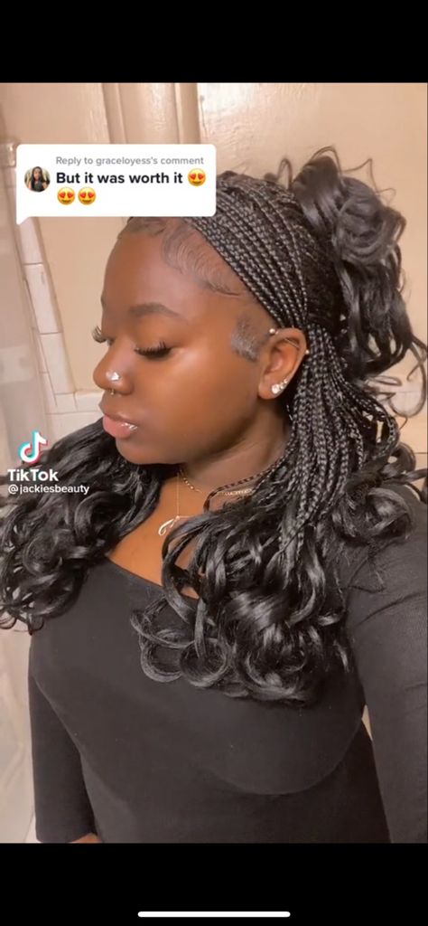 Box Braids Hairstyles French Curls, Braids With French Curls Short, Prom Hairstyles With Box Braids, Black French Curls Braids Short, French Curls Box Braids Medium, Prom Hairstyles For Braids, Braided Hairstyles French Curls, French Curls Braids Parting, Loose Curls Braids