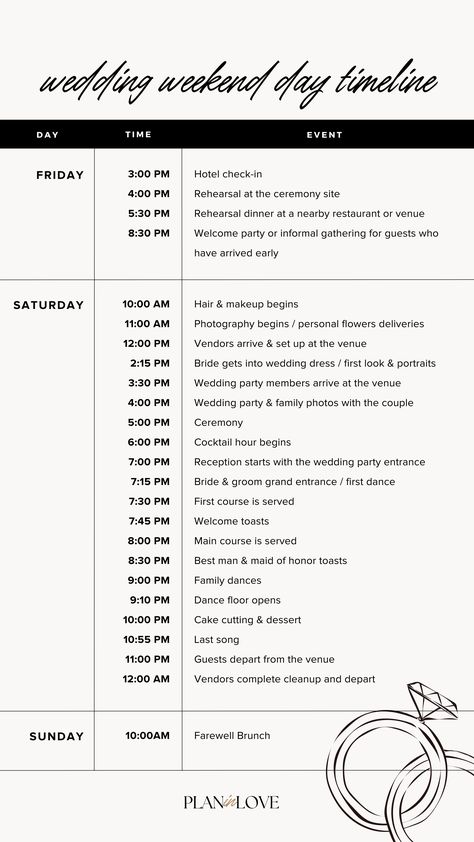 Ensure your wedding weekend runs smoothly with our wedding weekend itinerary guide. Our sample template will help you plan every detail, from the rehearsal dinner to the post-wedding brunch. Make your wedding weekend unforgettable with our guide. Check it out now! Day Of Wedding Itinerary, Wedding Planning Itinerary, Evening Wedding Itinerary, Backyard Wedding Itinerary, Wedding Rehearsal Itinerary, 3 Day Wedding Itinerary, Itinerary Template Wedding, Wedding Iterinary, Wedding Rehearsal Timeline Template