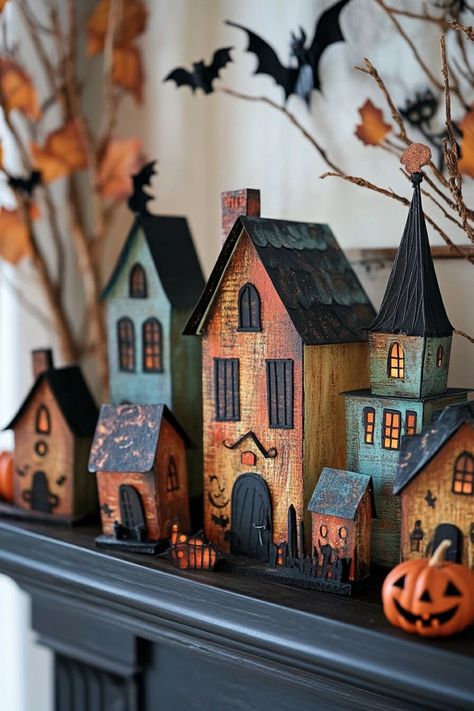 Halloween Mantle Decor, Halloween Houses, Halloween Mantle, Rustic Halloween, Autumn Paper, Elegant Halloween, Halloween Village, Halloween Deco, Halloween Inspiration