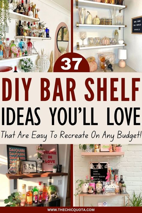 diy bar shelf ideas Wet Bar Remodel Before And After, Mini Bar Set Up Ideas, Bar With Floating Shelves Shelf Ideas, Kitchen Bar Against Wall, Home Bar Wall Ideas, Home Cocktail Bar Design, Diy Bar Area Small Spaces, Liquor Wall Display Bar Ideas, Closet Converted To Bar