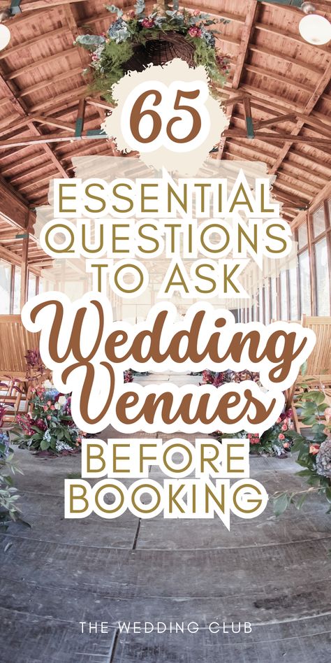 Planning your dream wedding? Make sure you’re asking the right questions! Discover 65 essential questions to ask wedding venues to ensure the perfect setting. From hidden fees to guest accommodations, this wedding venue checklist covers it all. #WeddingVenueQuestions #WeddingPlanningGuide #WeddingAdvice Questions To Ask Your Wedding Vendor, What To Ask Venues For Wedding, Questions To Ask Your Venue Weddings, Questions To Ask A Venue For A Wedding, Questions To Ask When Touring Wedding Venues, Questions To Ask At A Wedding Venue Tour, Questions For Wedding Venues, Questions To Ask Venue For Wedding, Wedding Venue Questions To Ask