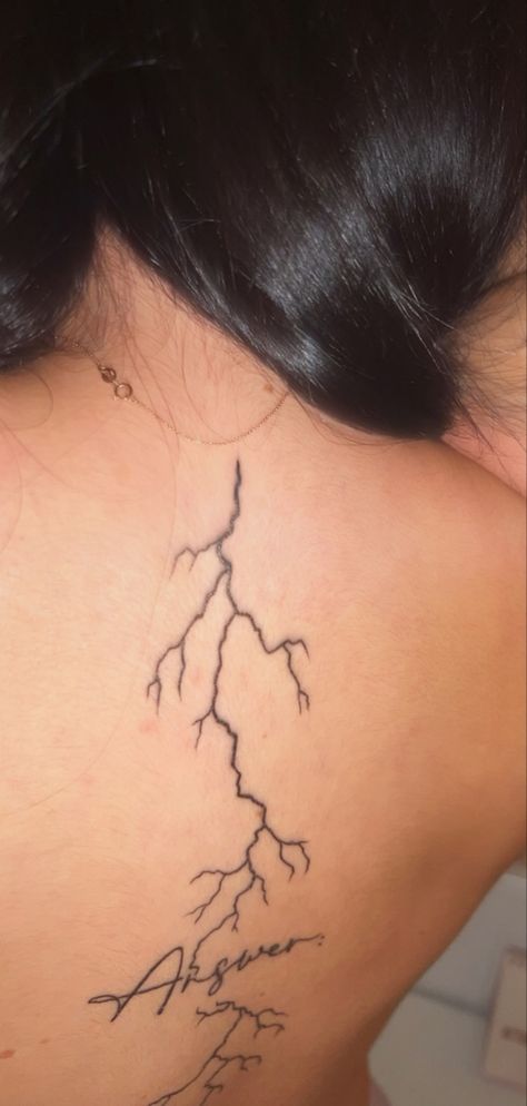 Lightening Bolt Tattoo Back, Lightning Tattoo Spine, Lightning Tattoo On Back, Lighting Spine Tattoo, Lightning Bolt Spine Tattoo, Lightning Spine Tattoo, Lightning Back Tattoo, Spine Tattoos Lightning, Lightning Strike Tattoo