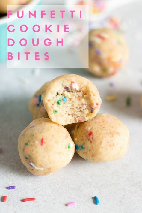 Funfetti Cookie Dough Bites. Eggless sugar cookie dough packed with rainbow sprinkles. Cookie dough you can eat straight from the bowl! #cookiedough #funfetti #funfetticookies #sprinkles #nobake #simplerecipe Funfetti Cookie Dough, Edible Sugar Cookie Dough, Eggless Sugar Cookies, Sugar Cookie Dough Recipe, Cookie Dough Ingredients, Edible Cookie Dough Recipe, Funfetti Cookies, Healthy Cookie Dough, Vegan Cookie Dough