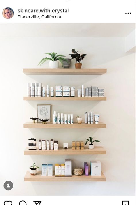 Med Spa Product Display, Esthetician Retail Display, Spa Retail Display, Skin Care Retail Display Ideas, Beauty Salon Shelves Product Display, Skin Care Retail Display, Beauty Product Display, Skincare Product Shelf In Wall, Salon Retail Display Ideas