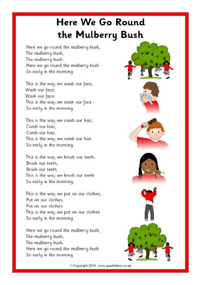 Here We Go Round the Mulberry Bush Song Sheet (SB11420) - SparkleBox Nursery Rhymes Poems, Old Nursery Rhymes, Nursery Rhymes Lyrics, Nursery Rhymes Preschool, Nursery Rhymes Activities, Kindergarten Songs, Mulberry Bush, Childrens Poems, Classroom Songs