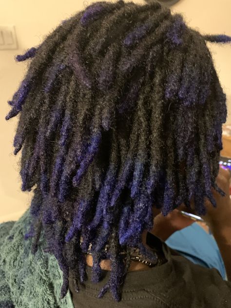 Purple Dreadlocks Men, Black And Blue Locs, Blue Dreads Men, Dyed Tips Locs, Dark Purple Locs, Midnight Blue Locs, Loc Mullets, Dark Blue Locs, Loc Mullet