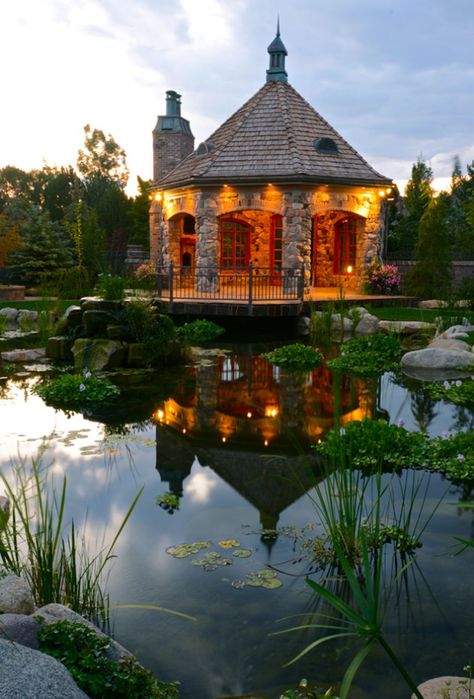 Enchanting Gazebo Lighting, Building A Pond, Gazebo Plans, Fountains Backyard, Pergola Lighting, Pond Landscaping, Backyard Water Feature, Natural Pond, Pond Plants