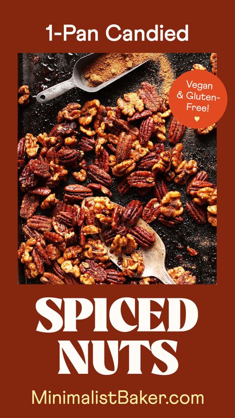 Amazing 15-minute roasted candied nuts made all on 1 pan! No bowl required, so spicy-sweet. The perfect holiday snack or homemade gift! Spicy Nuts Recipe, Plant Based Cookies, Spiced Buttercream, Spicy Nuts, Holiday Snack, Minimalist Baker, Nut Recipes, Holiday Snacks, Candied Nuts