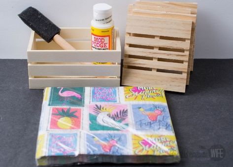 Dollar Tree Tropical DIY Napkin Mini Pallet Coasters - Big Bear's Wife Dollar Tree Coasters, Diy Coaster Holder, Dollar Tree Coasters Diy, Mini Pallet Crafts, Pallet Coasters Diy, Dollar Tree Pallet Crafts, Mini Pallet Ideas, Mini Pallet Crafts Dollar Tree, Dollar Store Mini Pallet Crafts