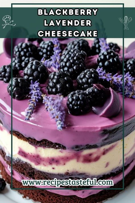 This exquisite Blackberry Lavender Cheesecake features luscious chocolate cake layers, creamy cheesecake filling, and a delightful blackberry lavender topping. It’s the perfect dessert for special occasions or when you want to impress your guests with a unique flavor combination. Blackberry Tiramisu, Lavender Cheesecake, Blackberry Desserts, Blackberry Cake Recipe, Blackberry Lavender, Layer Cheesecake, Cheesecake With Chocolate, Chocolate Cake Layers, Cupcakes Cheesecake