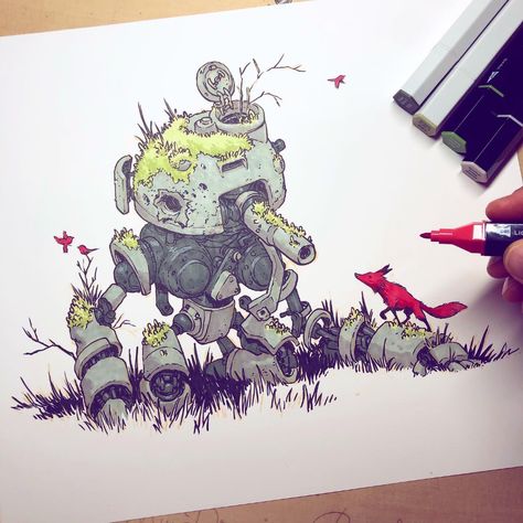 Moving Drawing, Jake Parker, Robot Design Sketch, Robot Sketch, The Color Red, A Robot, Robot Art, Art Drawings Sketches Creative, Robot Concept Art