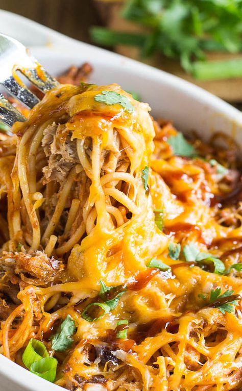 BBQ Spaghetti. This recipe sounds so good, but I have one issue; cilantro is NEVER optional and it's not just a garnish! Casserole With Pulled Pork, Bbq Spaghetti, Spaghetti Casserole, Bbq Chicken Pizza, Pulled Pork Recipes, Chicken Pizza, Bbq Pork, Pork Dishes, Bbq Chicken