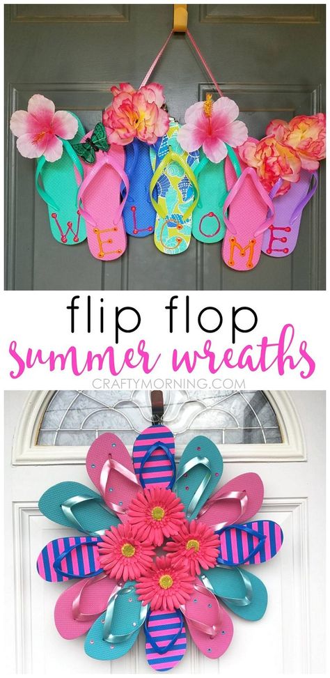 Summer flip flop wreaths - what a cute craft to hang on a door! Summer Flip Flop Wreath, Easy Decorations, Flip Flop Wreaths, Diy Summer Crafts, Summer Decorations, Summer Craft, Ideas Jewelry, Cheap Crafts, Summer Wreaths