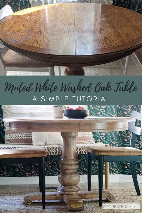 Painting Wood Kitchen Table, White Stained Table, Bleached Kitchen Table, White Wash Round Dining Table, Gray Driftwood Table, Limewashed Dining Table, White Wax On Oak Furniture, Driftwood Table Diy, White Wash Table Top