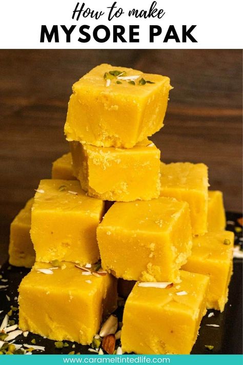 Mysore Pak is an Indian sweet prepared with besan (gram flour) cooked in a mixture of sugar and ghee. A melt-in-the-mouth delicacy, this sweet treat is very popular especially during the festival of Diwali. Make it at home with this easy-to-follow recipe! Mysore Pak, Easy Indian Dessert, Indian Recipes Authentic, Seared Chicken Breast, Indian Appetizers, Diwali Sweets, Easy Chicken Breast, Easy Indian Recipes, Recipes Indian