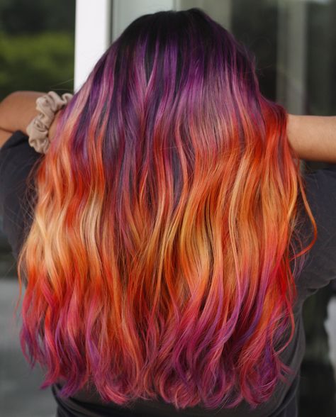 With summer coming to an end I had to post another angle of this delectable sunset hair I did back in June 😮‍💨 I used all @dangerjonescreative for this color ✨ What’s some of your fall color inspo? I’m personally riding the rainbow and vivid train until my wedding next October 😂 Sunset Hair Dye Ideas, Sunset Peekaboo Hair, Sunset Ombre Hair, Sunset Hair Color, Peekaboo Color, Sunset Hair, Orange Ombre, Fall Hair Color, Orange Hair