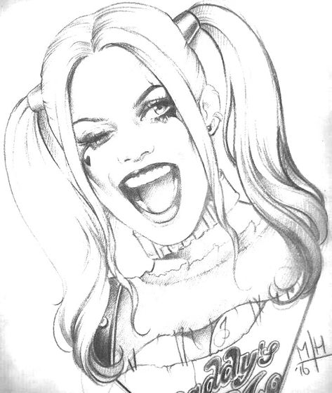 Harely Quinn Drawing, Harley Quinn Tattoo Stencil, Harley Quinn Drawing Sketches, Joker And Harley Quinn Drawing, Tattoo Harley Quinn, Harley Quinn Coloring Pages, Harley Quinn Tattoo Design, Harley Quinn Art Illustrations, Harley Quinn Cartoon