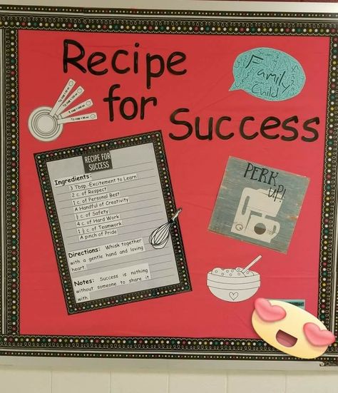 Recipe for Success bulletin board Recipe Bulletin Board, Recipe For Success Bulletin Board, Home Economics Classroom Decorations, Family And Consumer Science Bulletin, Life Skills Bulletin Board Ideas, Cooking Classroom Theme, Deco Classroom, Home Economics Classroom, Fcs Teacher