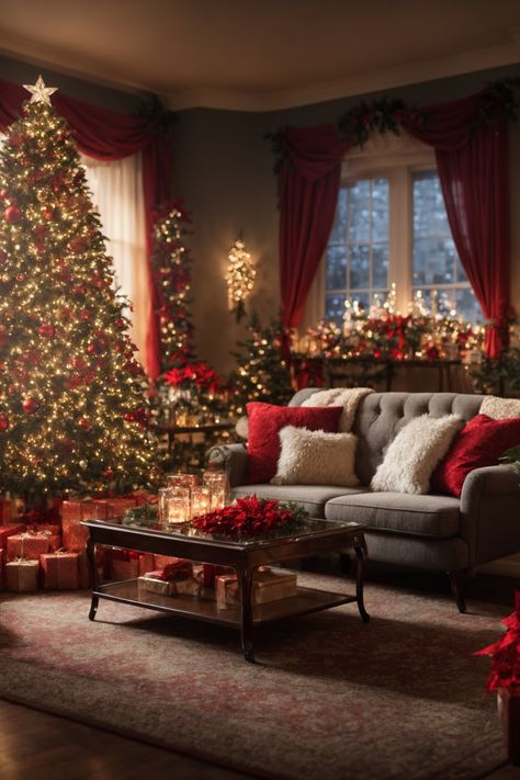 Enveloped in the warm embrace of festive lights, this living room is a haven of Christmas cheer. An opulent tree, adorned with radiant ornaments, stands majestic amidst plush pillows nestled on a luxurious sofa. Every corner is a tender testament to holiday enchantment, with rich red poinsettias echoing the vibrancy of life, celebration, and family togetherness, making every moment spent here a cherished memory. Luxury Christmas Decor Living Room, Classic Christmas Living Room, Red And Gold Christmas Living Room, Red And White Christmas Living Room, Red And Gold Christmas Decor Living Room, Christmas Decor Ideas For Living Room Traditional, Red Christmas Living Room, Family Room Sofas Christmas Tree, Xmas Living Room Decor